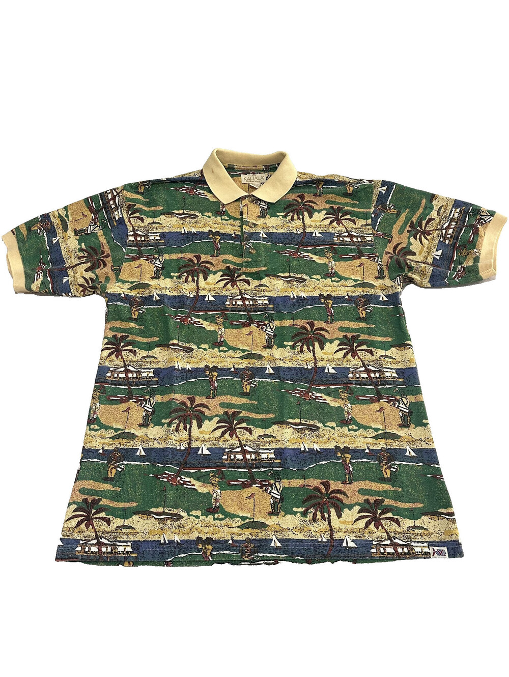 VTG Kahala Polo Shirt Men Medium Blue Sailboats Golf Course Palm Tree Collar